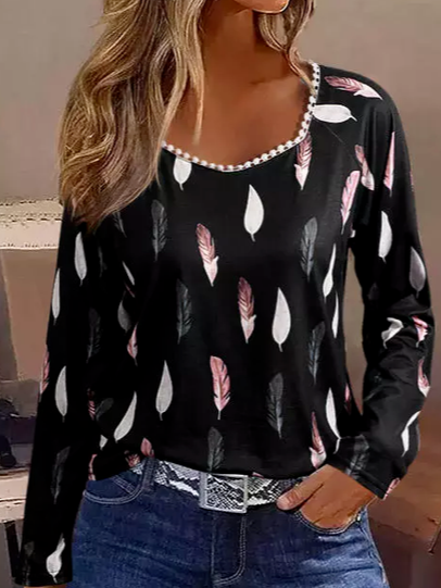 

Loose Others Feather Pattern Casual Shirt, Black, Shirts & Blouses