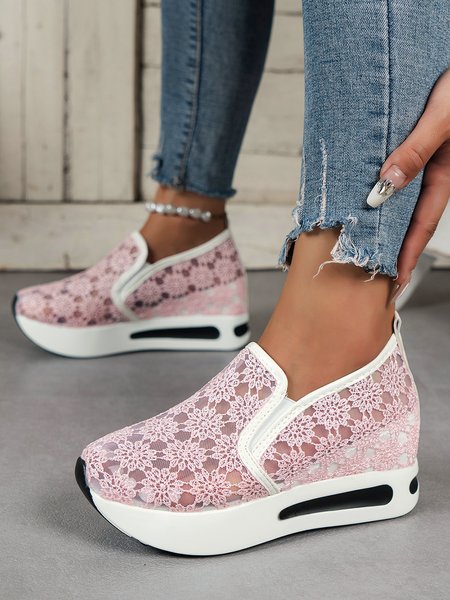 

Pink Floral Embroidery Breathable Mesh Slip On Muffin Shoes, Sneakers