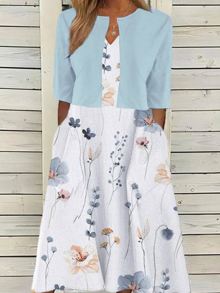 

Plus size Floral Casual Loose V Neck Two-Piece Set, Light blue, Suit Set