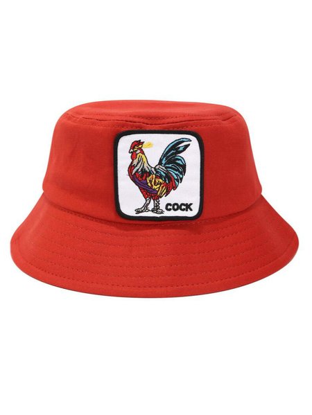 

Embroidered Cock Sunscreen Bucket Hat, Red, Women's Hats