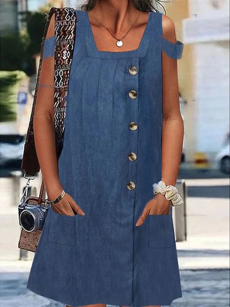 

Casual Square Neck Denim Dress, Blue, Dresses