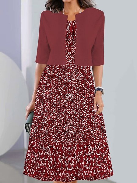 

Crew Neck Floral Elegant Two-Piece Set, Red, Suit Set