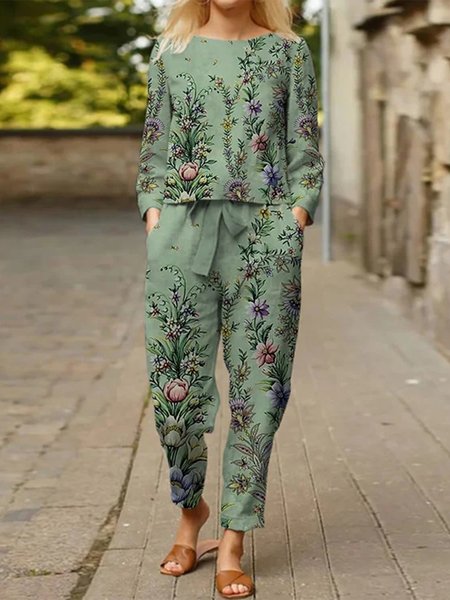 

Crew Neck Casual Two-Piece Set, Green, Suit Set