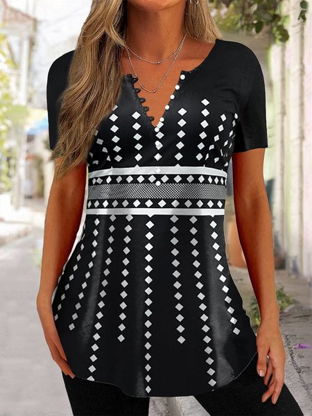 

V Neck Polka Dots Casual Shirt, Black, Shirts & Blouses