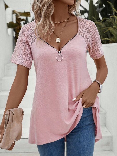

V Neck Plain Zipper Casual T-Shirt, Pink, T-Shirts
