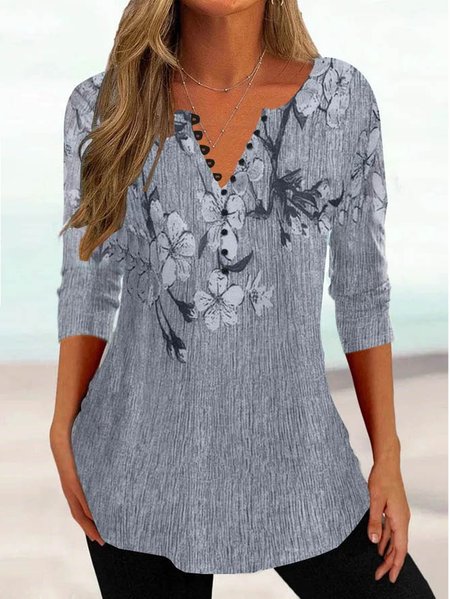 

Floral Casual Buckle V Neck Shirt, Gray, Shirts & Blouses
