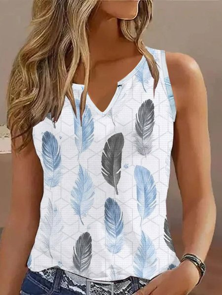 

Feather Pattern Cotton Casual Tank Top, White, Tanks & Camis