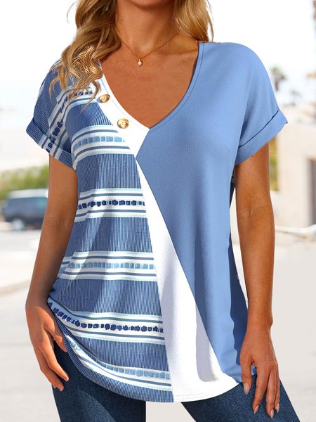 

Casual Loose Striped V Neck T-Shirt, Blue, T-Shirts