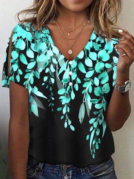 

Floral Casual V Neck T-Shirt, Green, T-Shirts