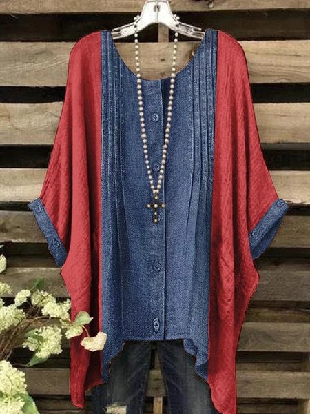 

Loose Casual Crew Neck Color Block Blouse, Red-blue, Shirts & Blouses