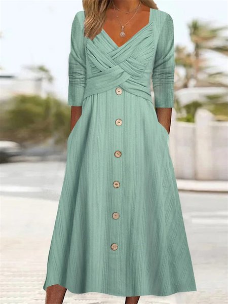 

Plain Casual Buttoned V Neck Dress, Green, Dresses