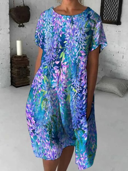 

Loose Floral Casual Crew Neck Dress, Purple, Dresses