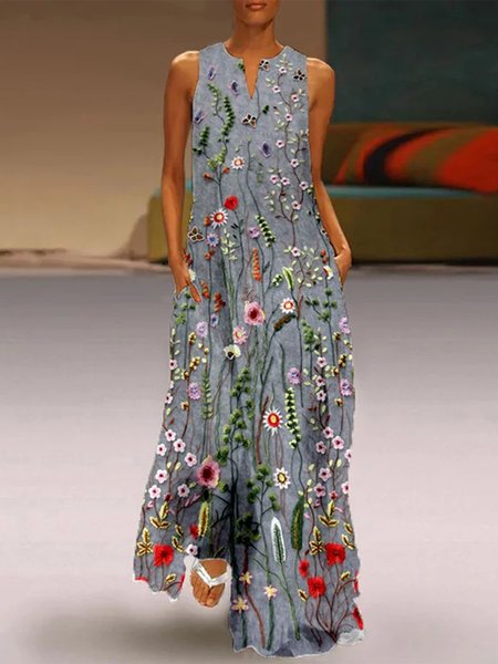 

V Neck Loose Floral Casual Dress, Deep gray, Dresses