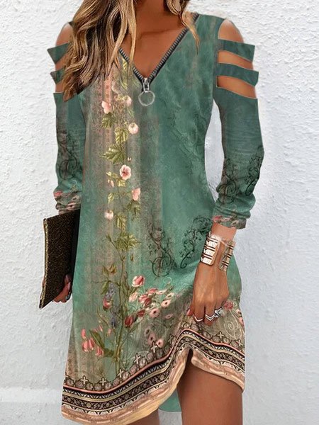 

Zipper V Neck Casual Knitted Floral Dress, Green, Dresses