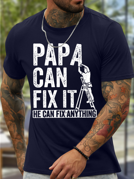 

Men's Funny Papa Can Fix It He Can Fix Anything Graphic Printing Casual Cotton Crew Neck T-Shirt, Purplish blue, T-shirts