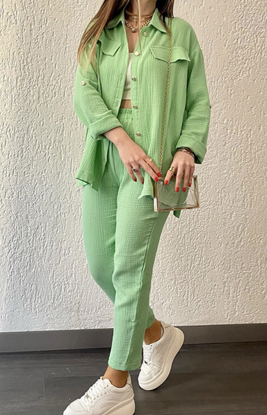 

Shirt Collar Loose Casual Cotton-Blend Two-Piece Set, Green, Sets