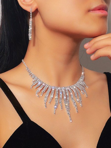 

Elegant Full Diamond Tassel Earrings Necklace Fashion Party Women Jewelry Set, As picture, Necklaces