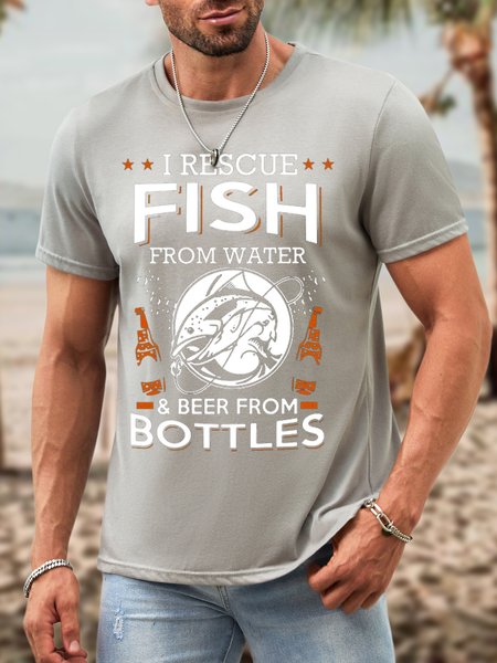 

Men Rescue Fish And Beer Waterproof Oilproof And Stainproof Fabric T-Shirt, Light gray, T-shirts