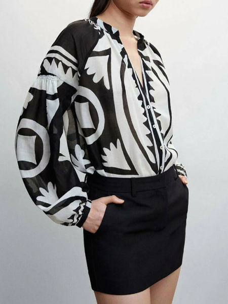 

Urban Shirt Collar Geometric Blouse, Black, Blouses and Shirts