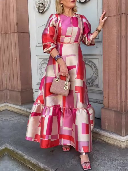 

Elegant Crew Neck Regular Fit Geometric Dress, Pink, Maxi Dresses