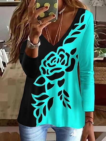 

Casual V Neck Floral Loose T-Shirt, Green, T-Shirts