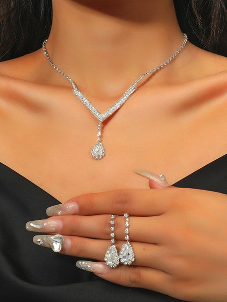 

Elegant Drop Shape Full Diamond Earrings Necklace Fashion Party Women Jewelry Set, As picture, Necklaces