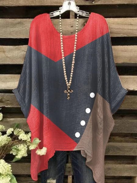 

Crew Neck Casual Color Block Loose Shirt, Red, Shirts & Blouses