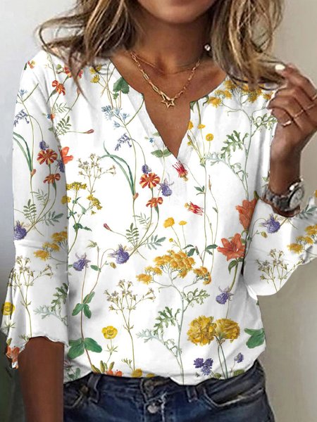 

V Neck Casual Floral Loose Flare Sleeve T-Shirt, White, T-Shirts