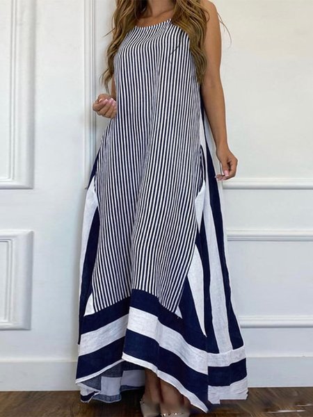 

Women's Fashion Stripe Loose Comfortable Tank Dress, Blue, Dresses