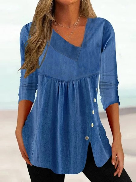 

Casual Asymmetrical Collar Denim Top, Blue, T-Shirts
