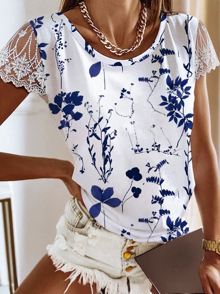 

Lace Floral Casual Crew Neck T-Shirt, Blue, T-Shirts