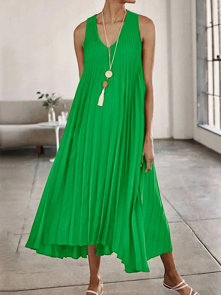 

V Neck Plain Casual Loose Dress, Green, Maxi Dresses