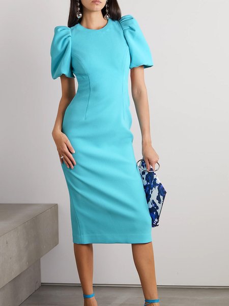 

Tight Crew Neck Elegant Plain Dress With No Belt, Blue, Midi Dresses