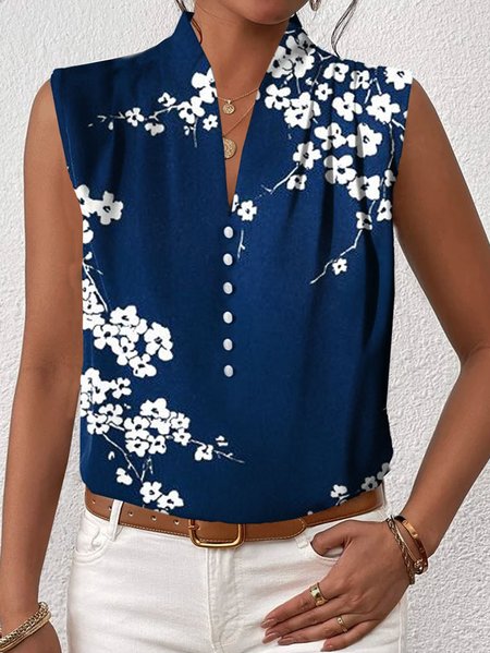 

Casual V Neck Buckle Shirt, Deep blue, Tanks & Camis