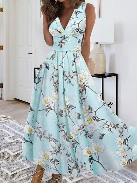 

Elegant Loose Floral V Neck Dress, Aqua, Dresses