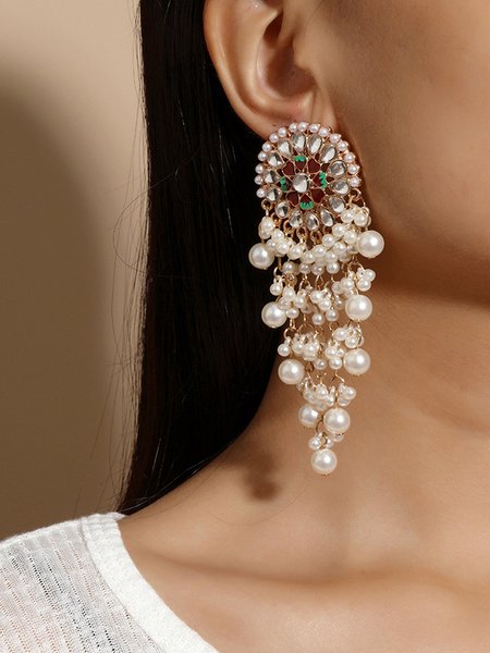 

Elegant Ethnic Pattern Diamond Pearl Tassel Earrings Party Wedding Women Jewelry, As picture, Earrings