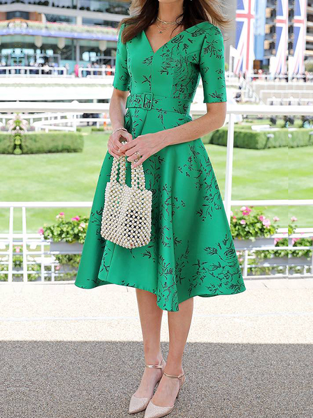 

Regular Fit Elegant V neck Short sleeve Midi Dress With Belt, Green, Midi Dresses