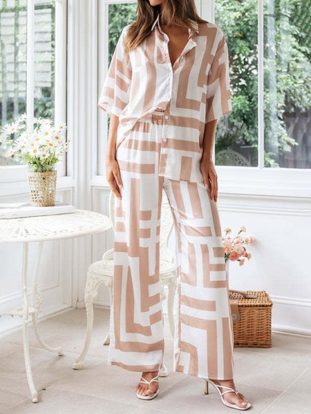 

Women's Fashion Stripe Geometric Pattern Loose Comfort Shirt Two-Piece Set, White, Suit Set