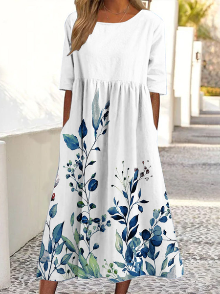 

Loose Casual Floral Crew Neck Dress, White, Dresses