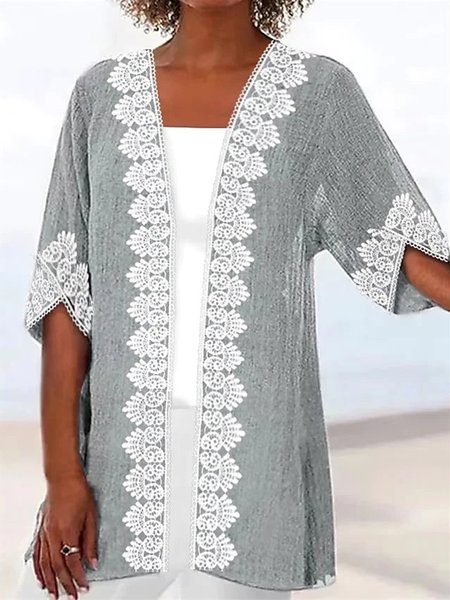 

Casual Plain Lace Kimono, Gray, Cardigans