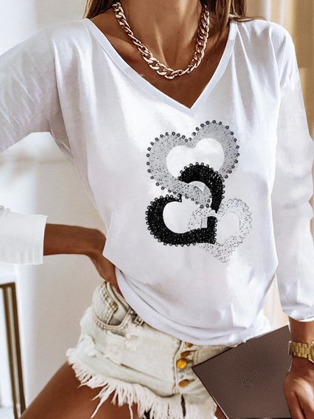 

V Neck Casual Loose Heart/Cordate T-Shirt, White, T-Shirts