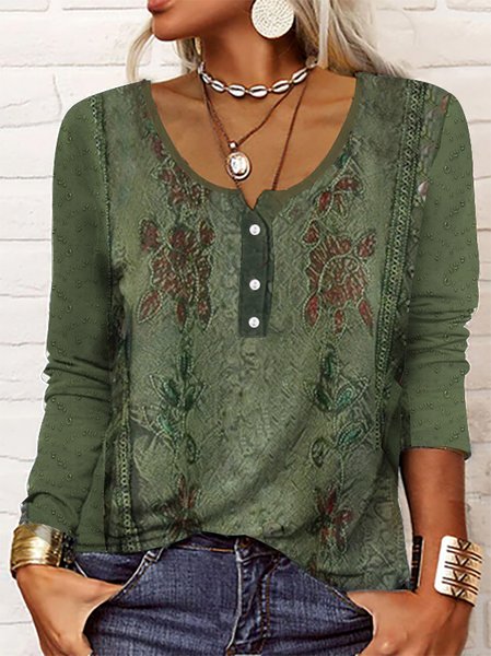 

Ethnic Knitted Loose Casual Crew Neck Shirt, Dark green, Shirts & Blouses