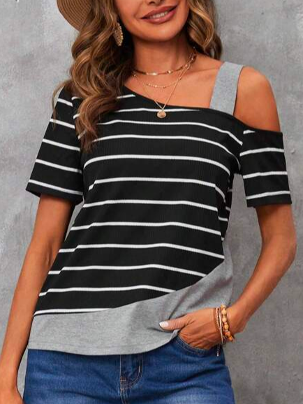 

Loose Casual Striped Print Asymmetrical Neck Tee, Black, T-Shirts