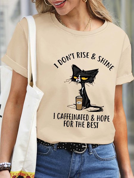 

Women Letters Coffee Waterproof Oilproof Stainproof Fabric Loose Cat Crew Neck T-Shirt, Apricot, T-shirts