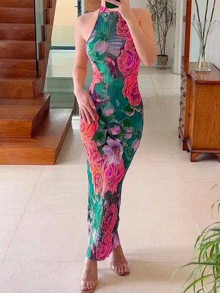 

Micro Pleat Elegant Floral Halter Maxi Dress With No Belt, As picture, Maxi Dresses