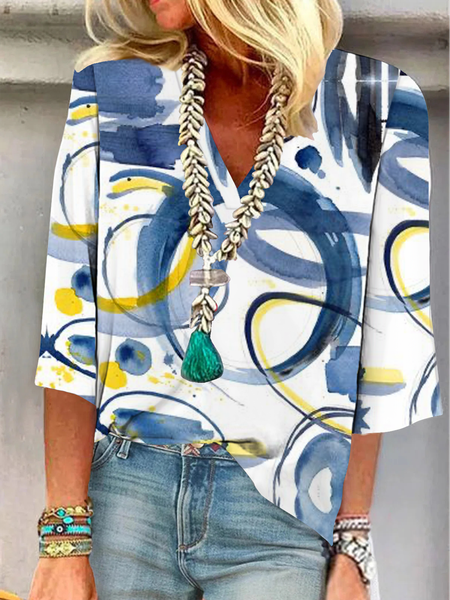 

V Neck Abstract Printed Casual Shirt, White, Shirts & Blouses