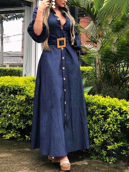 

Elegant Shirt Collar Denim Regular Fit Denim Dress, Blue, Maxi Dresses
