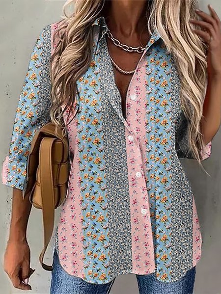 

Casual Shirt Collar Loose Floral Blouse, Pink, Shirts & Blouses