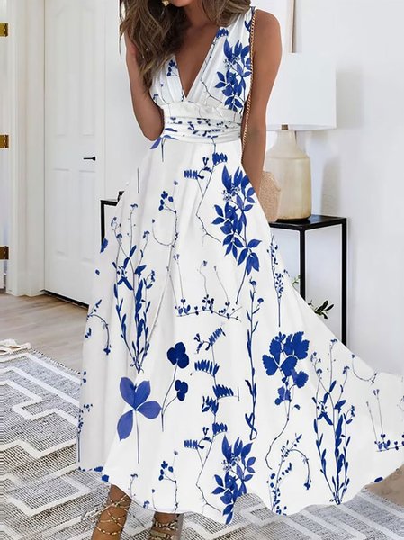 

Casual Elegant V Neck Floral Dress, White, Dresses