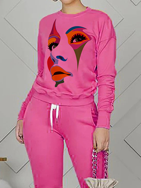 

Micro-Elasticity Crew Neck Long sleeve Loose Casual Face Sweatshirt, Rose red, Hoodies and Sweatshirts